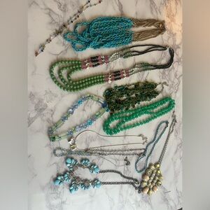Lot of 12 Green & Blue Tone Costume Necklaces